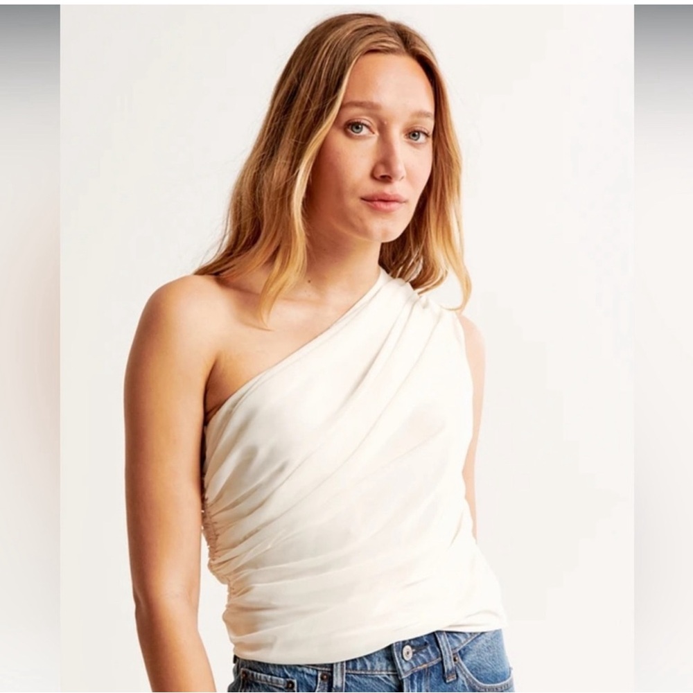 NWT Abercrombie & Fitch Sheer Asymmetrical One-Shoulder Top Cream